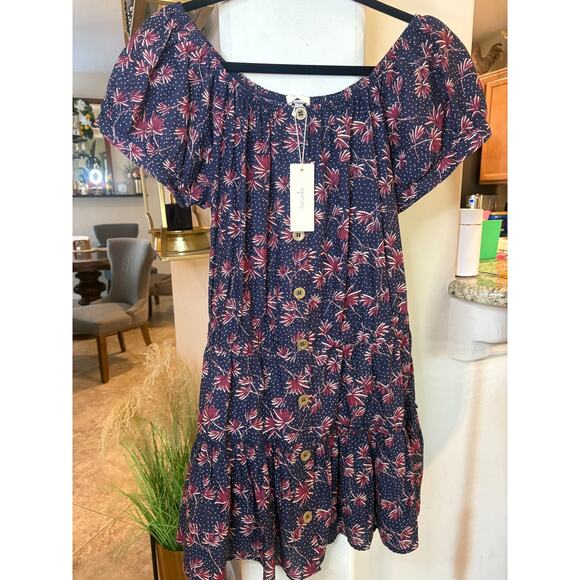 EBERJEY Elsie Gathered Printed Cotton Mini Dress In Navy Size L 8-12 MSRP$198 - Picture 2 of 4